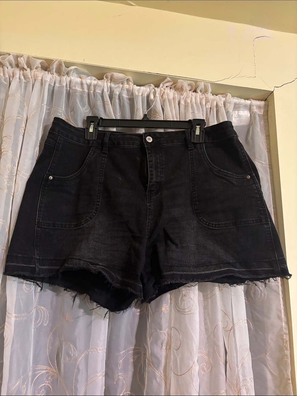 High-Rise Black Denim Cutoff Shorts with Frayed Hem